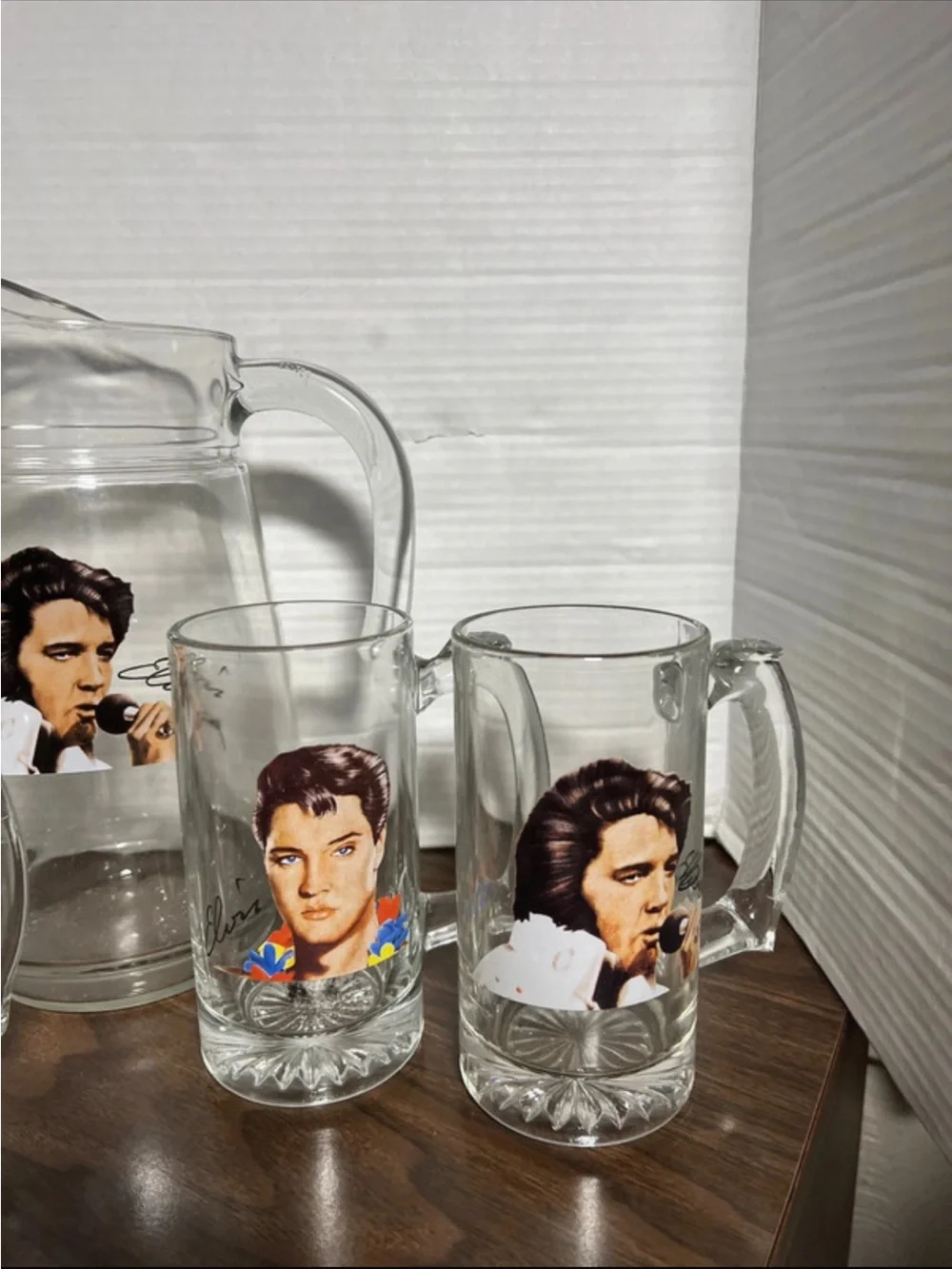 Elvis Presley Collector Glass Pitcher and Mug Set - Clear with Printed Portraits